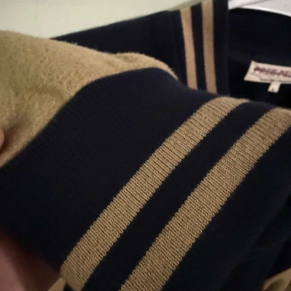 Free People wool Navy and Tan Contrast Varsity Jacket - Picture 5 of 7